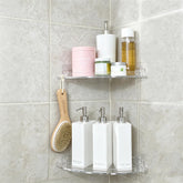 JiePai corner shower caddy front view showing clean clear acrylic and organized toiletries