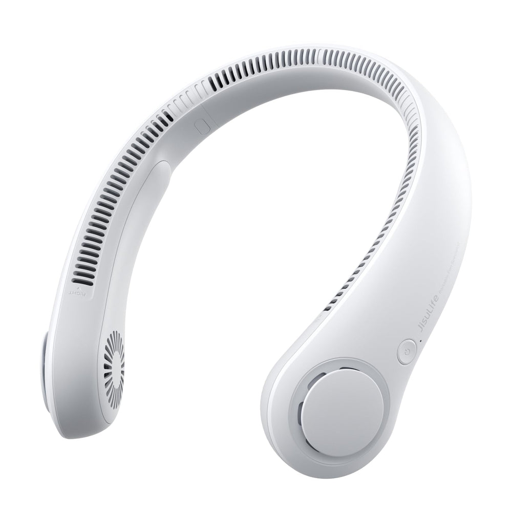 JISULIFE neck fan front view showing bladeless vents and comfortable fit