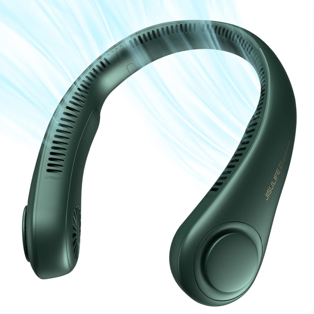 JISULIFE front view showing bladeless neck fan and ergonomic curve for comfort
