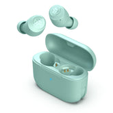 JLab Go Air Pop front view showing mint color and compact charging case for portability
