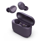 JLab Go Air Pop+ front packaging showing violet earbuds and features, highlights portability