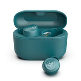 JLab Go Air Pop+ front profile showing teal earbuds and compact case, clear style benefit