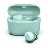 JLab Go Air Pop+ front view showing mint green earbuds and compact case, easy portability