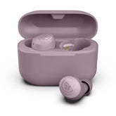 JLab front view of mauve earbuds showing compact design and portability