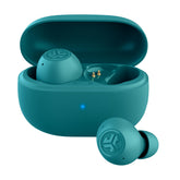 JLab Go Pop ANC front view in teal showing compact earbuds and clean design benefit: stylish portability