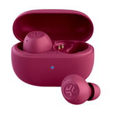 JLab Go Pop ANC front view showcasing fuchsia earbuds and compact case for pocketable convenience