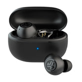 JLab front view showing earbuds and compact case for portable listening