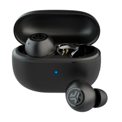 JLab front view showing earbuds and compact case for portable listening