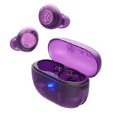JLab Go Pop ANC front view showing transparent purple case and earbuds, highlights portability