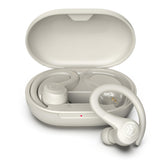 JLab Go Sport+ front view showing earbuds and case with clear battery benefit