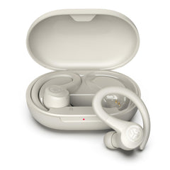 JLab Go Sport+ front view showing earbuds and case with clear battery benefit