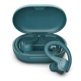 JLab front view of teal Go Sport+ packaging showing compact benefits