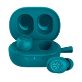 JLab JBuds Mini front packaging in teal showing compact case for easy portability