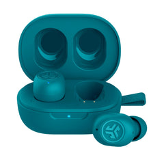 JLab JBuds Mini front packaging in teal showing compact case for easy portability