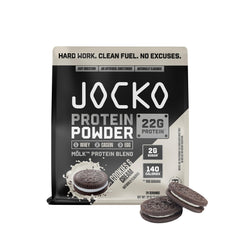 Jocko Fuel front packaging showing cookies and cream flavor and serving count benefits