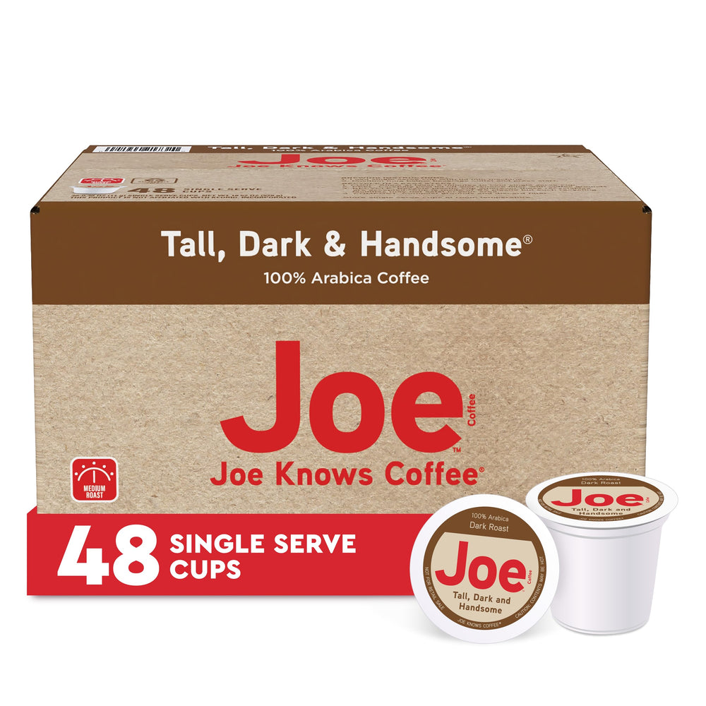 Joe Knows Coffee front packaging showing 48-count box and product name benefit bold supply