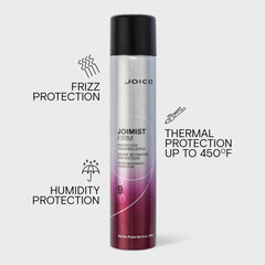Joico JoiMist Firm sprayed onto a salon blowout demonstrating humidity resistance benefit