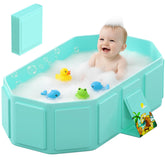 Jollcma front view of green collapsible baby bathtub showing spacious interior and stability benefit