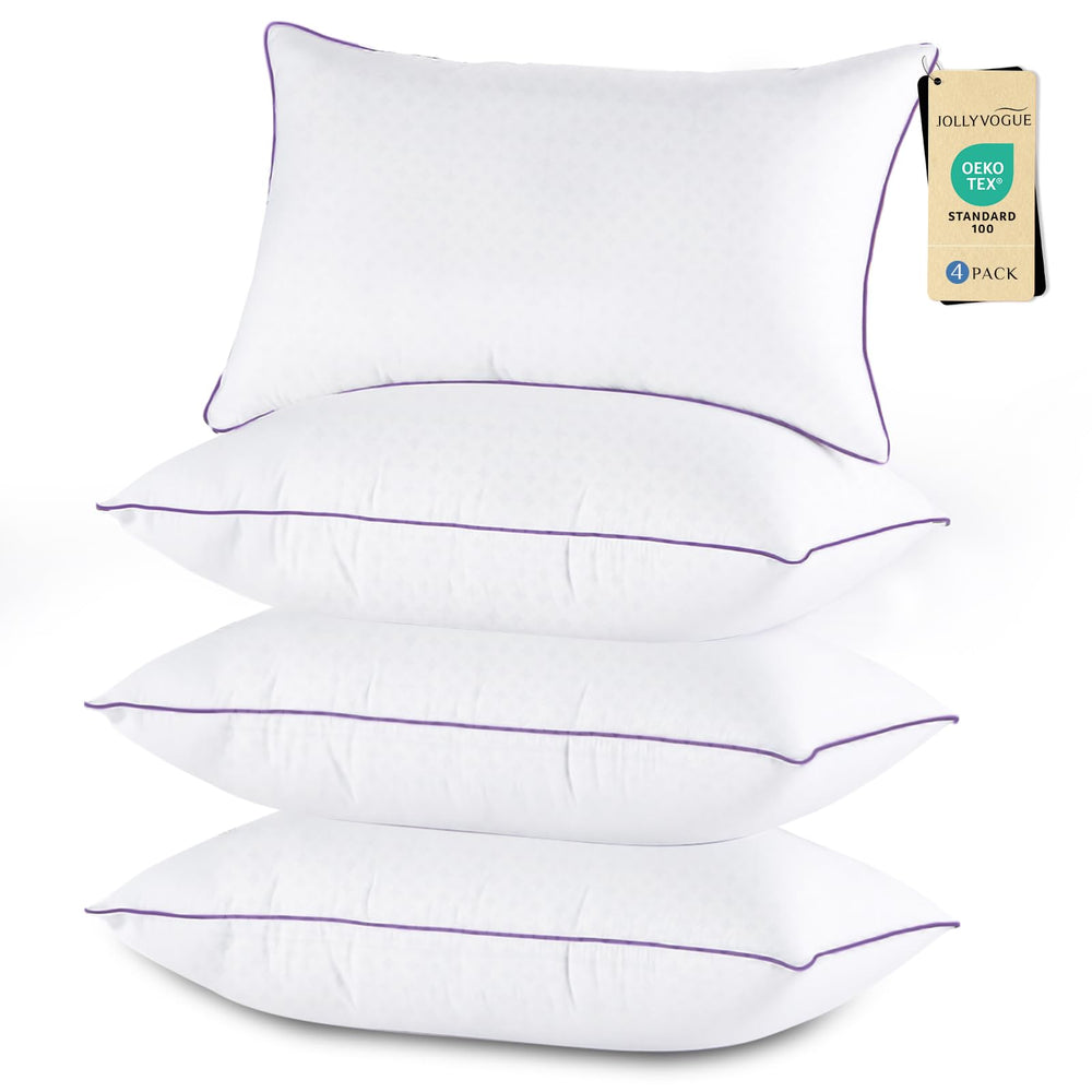 JOLLYVOGUE front packaging showing four king pillows, promotes consistent luxury