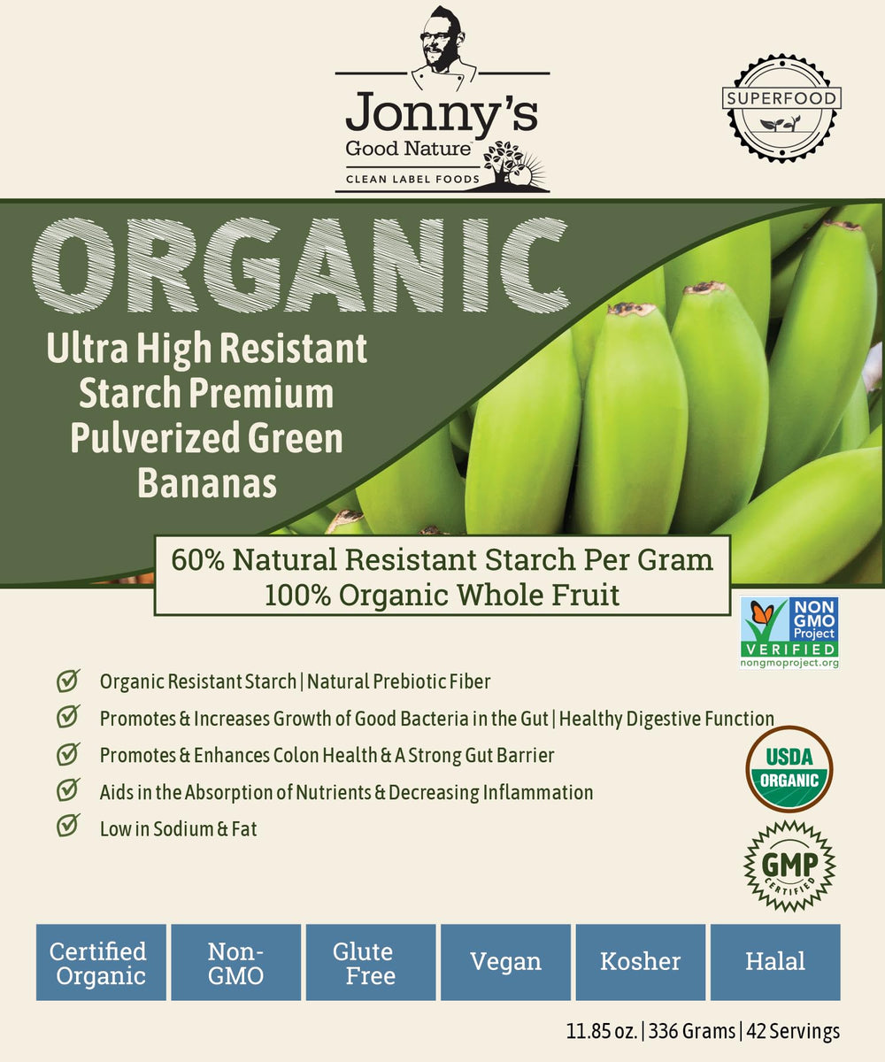 Jonnys Good Nature front package showing organic green banana flour and benefits
