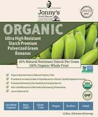 Jonnys Good Nature front package showing organic green banana flour and benefits