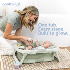 Jool Baby folded bathtub packed flat demonstrating travel-friendly storage and space saving