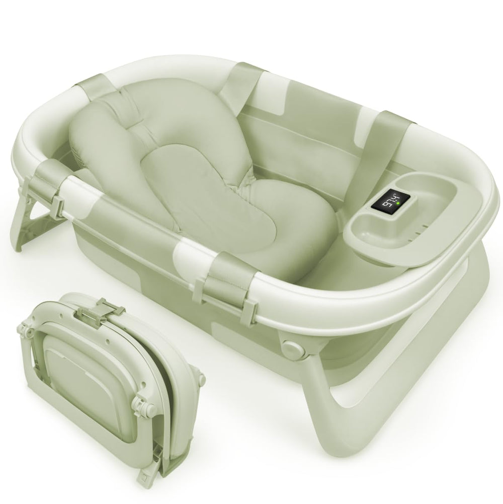 Jool Baby front view of foldable bathtub showing compact profile and modern sage design for easy storage
