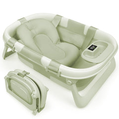 Jool Baby front view of foldable bathtub showing compact profile and modern sage design for easy storage