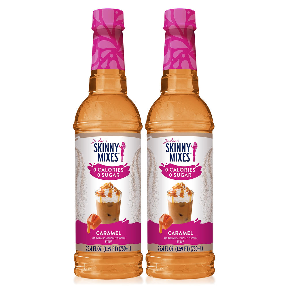 Jordan's Skinny Mixes caramel front packaging shows bottle and flavor benefit