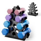 Josmimic front view of 4-tier rack showing neat weight storage and space saving