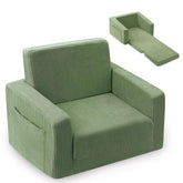 Jouha front view of kids chair showing inviting green seat and stable base benefit comfort