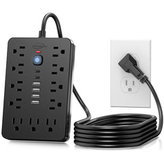 JouleLoom front view of power strip showing all outlets and USB ports for organized charging