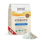 Jovial front packaging of 10 lb einkorn flour showing organic label and product benefit
