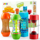 JOYIN front view of four fidget tubes showing colorful packaging and classroom-ready benefit