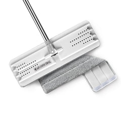 JOYMOOP front view of white flat mop showing full assembly and design benefit