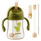 Joypony front view of the 9oz green sippy cup highlighting spill-proof features