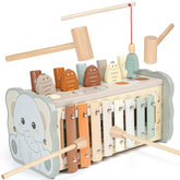 Joyreal front view of full wooden Montessori activity set showing multiple play stations and benefits