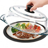 JPPSUJJ front view showing glass cover and silicone mat protecting microwave