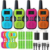 Jueion front packaging showing four colorful kid walkie talkies and benefits