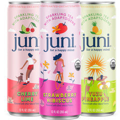 JUNI 12-pack front view showing decaf variety and zero sugar benefits