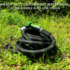 Junredy hose in use watering garden beds demonstrating gentle mist and even coverage