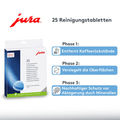 Single JURA cleaning tablet dissolving in hot water illustrating active cleaning action