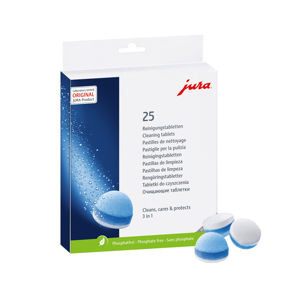 JURA box of 25 cleaning tablets showing packaging and count for convenient maintenance