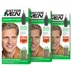 Just For Men dark blond front packaging showing three-box set and benefits