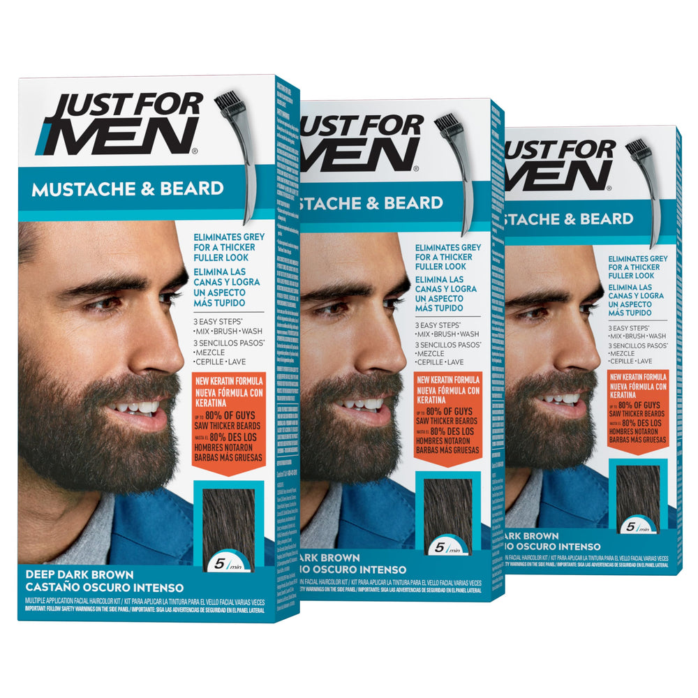 Just For Men front packaging showing Deep Dark Brown shade and benefits