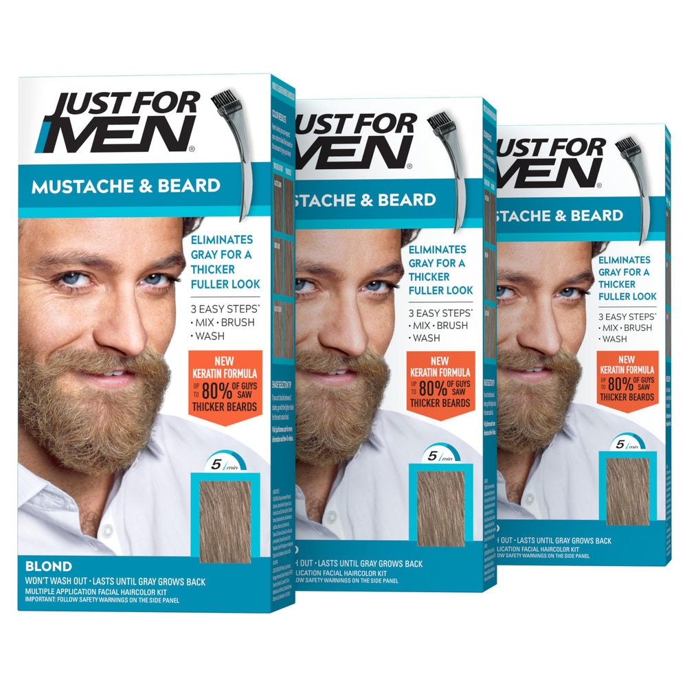 Just For Men front packaging showing blond M-10/15 and three-pack benefit