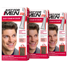 JUST FOR MEN front pack showing medium brown shade and benefits