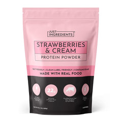 JUST INGREDIENTS front label showing strawberry cream and serving info for clarity