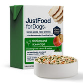 JustFoodForDogs front packaging showing brand and chicken recipe benefits