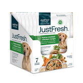 JustFoodForDogs front packaging showing chicken pouches and clear benefits